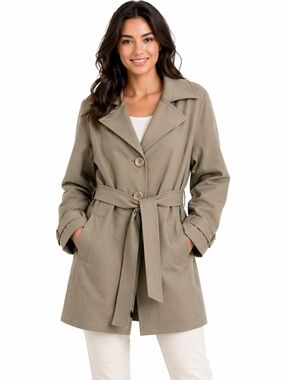 Lightweight Kensie tan bell sleeve 3  button belted trench jacket M